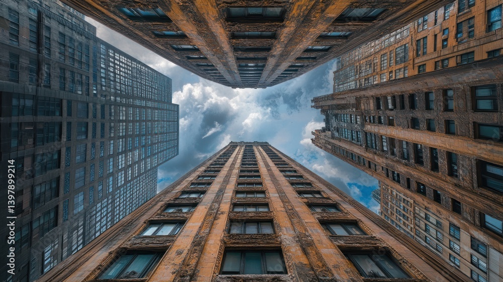 Poster urban giants reaching for a cloudy sky a low angle perspective of towering skyscrapers against the b
