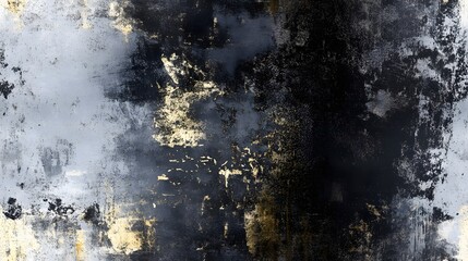 A textured abstract painting featuring shades of gray and black, accented with gold flecks.