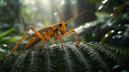 Fototapeta premium Orange katydid on fern, rainforest.