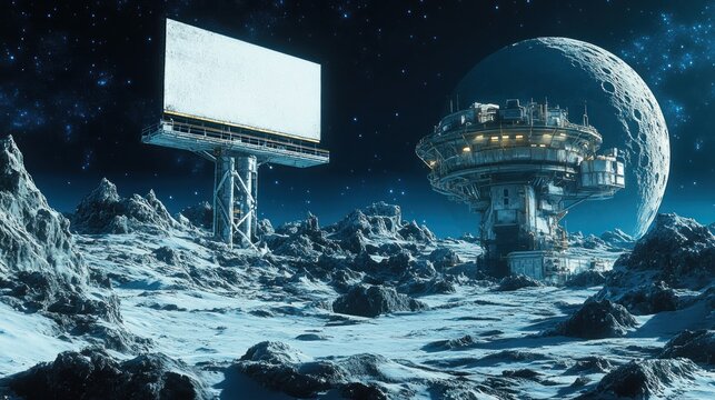 A futuristic billboard and a space station on an alien planet