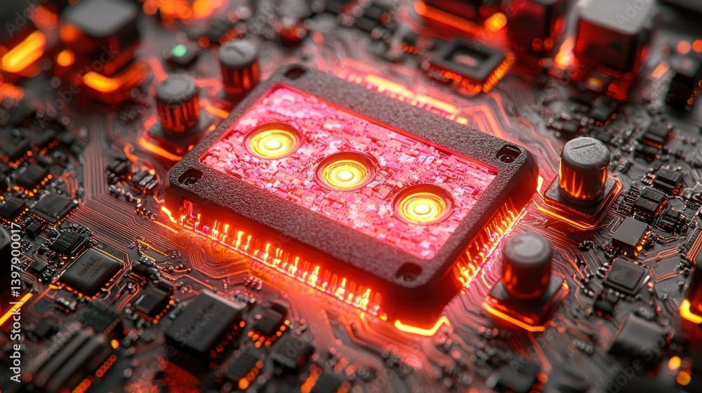Poster glowing circuit board: a high-resolution image of a computer chip