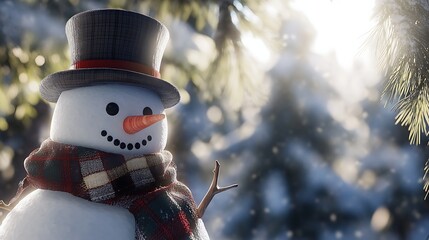 Obraz premium A cheerful snowman with a black top hat and a colorful scarf amidst a snowy landscape, with sunlight filtering through pine trees, creating a magical winter atmosphere
