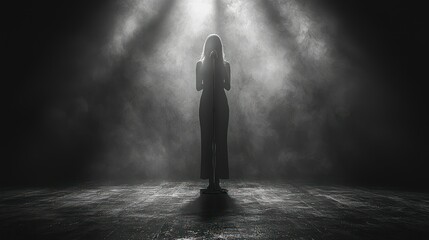 Solitary Figure, Spotlight, Dramatic Monochrome Stage Performance