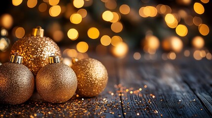 Fototapeta premium Ornaments on wood with blurred tree lights background, glittering decorations