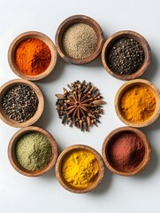 Vibrant Spice Circle: Aromatic Powders and Star Anise in Wooden Bowls