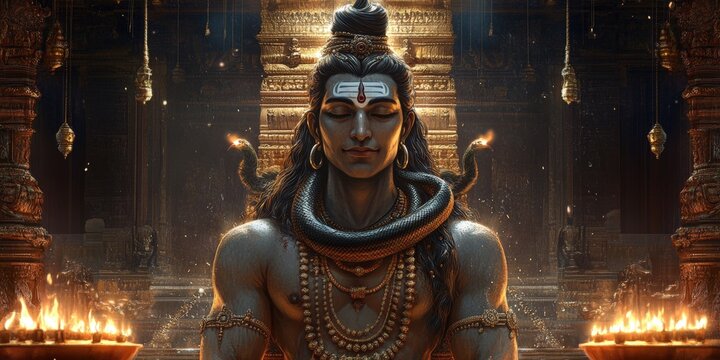 Golden light illuminates a regal Lord Rama statue before a richly carved temple. A serpent coils around his neck, creating a mystical scene