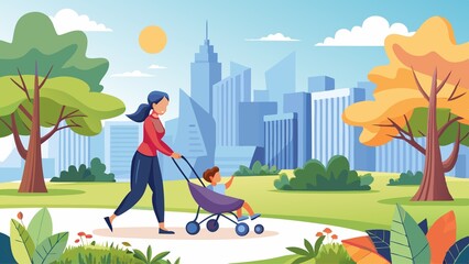 A woman is pushing a stroller with a child in it