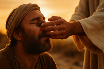 The Blind Man Encounters the Savior. Jesus Christ healing the blind man with mud and clay. 