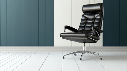 Rotating leather office chair placed on white tiles with a two-tone vertical blue and white wall behind