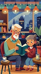 A man and a girl are sitting together in a room, reading a book