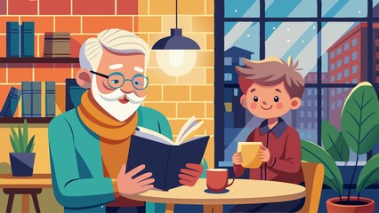 A man and a boy are sitting at a table in a cafe