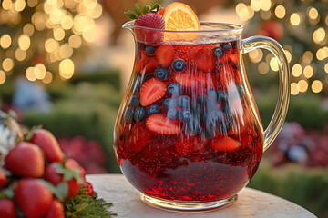 Refreshing berry punch served in a clear pitcher with assorted berries and citrus at a festive outdoor gathering
