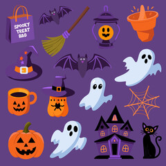 Colorful Halloween Cartoon Icons &ndash; Haunted Houses, Ghosts, Pumpkins, and More.