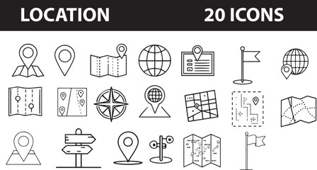 Location Outline Icon Set &ndash; 20 Linear Vector Icons with Editable Stroke

