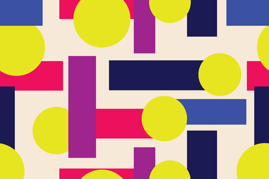 Abstract geometric background with yellow circle  and colorful striped shapes, Vector illustration