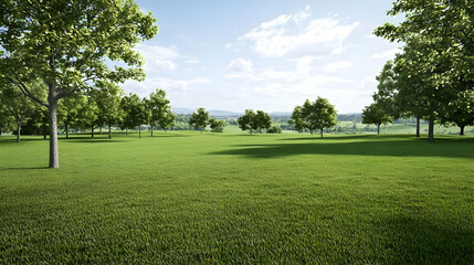 Obraz premium Green Field With Trees Under Sunny Sky