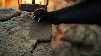 A black cat??s paw clutching the edge of a cracked stone wall, its claws gleaming slightly under the flickering light of a distant lantern. The worn-out texture of the stone adds depth.