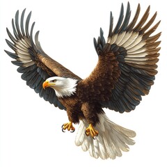 Obraz premium Majestic eagle soaring, wings outstretched, isolated white background, wildlife graphic.