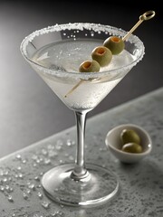Classic Olive Martini- A timeless martini garnished with a skewer of olives, served in a glass with a salted rim.