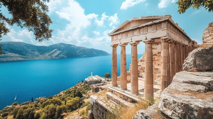 Fototapeta premium The Temple of Athena Pronaia on the Slopes of Delphi with Beautiful Seaside View