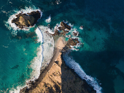 Aerial view of beautiful coastline with pristine beach and azure ocean, Lord Howe Island, New South Wales, Australia.