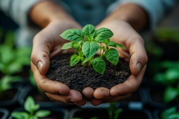 A pair of hands, likely of a person of color, gently cradles a young plant, symbolizing care and growth in sustainable gardening.