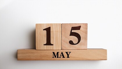Minimalist photo of wooden blocks with date 15 May. Day and month, calendar on white background