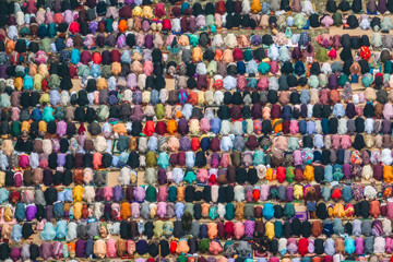 Aerial view of a colorful gathering of women during Eid prayer, Bogura, Rajshahi, Bangladesh.