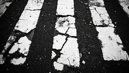Black and white photo of cracked, worn white lines on an asphalt crosswalk.