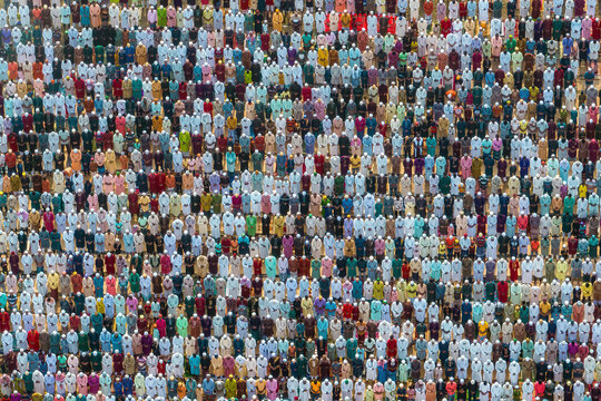Aerial view of colorful crowd gathered for Eid Prayer, Bogura, Rajshahi, Bangladesh.