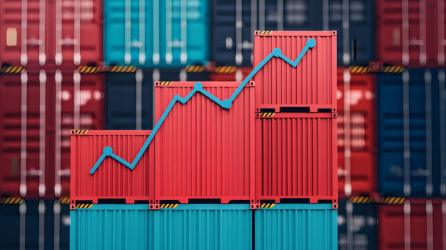 A graphic showing shipping containers with a rising graph overlay, symbolizing growth in trade or logistics.