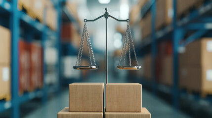 A balance scale in a warehouse setting, symbolizing fairness and weighing options among stacked boxes.