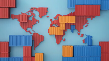 A colorful representation of a world map formed by shipping containers, symbolizing global trade and logistics.