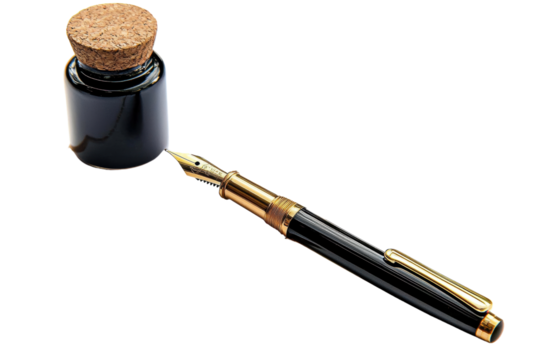 Elegant Black Fountain Pen with Inkwell Bottle Ready for Writing