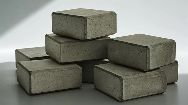 Stacked light-grey concrete blocks cast shadows on a white surface