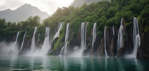 A breathtaking fjord landscape where multiple waterfalls cascade down steep, rocky cliffs covered in lush green vegetation. 