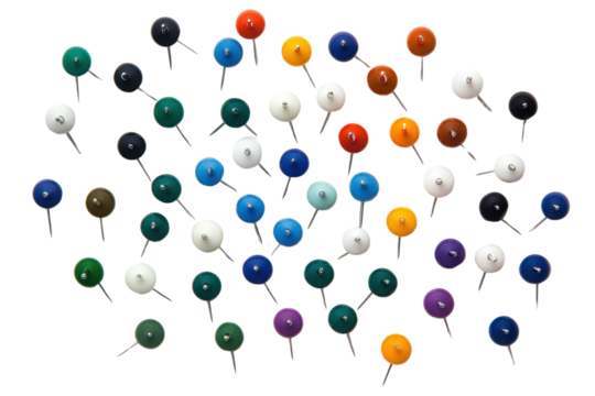 Colorful push pins scattered transparent background office supplies and stationery
