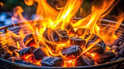 Close up view of burning charcoal briquettes with bright orange flames in a grill pit