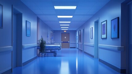 Obraz premium Empty hospital hallway at night with patient bed