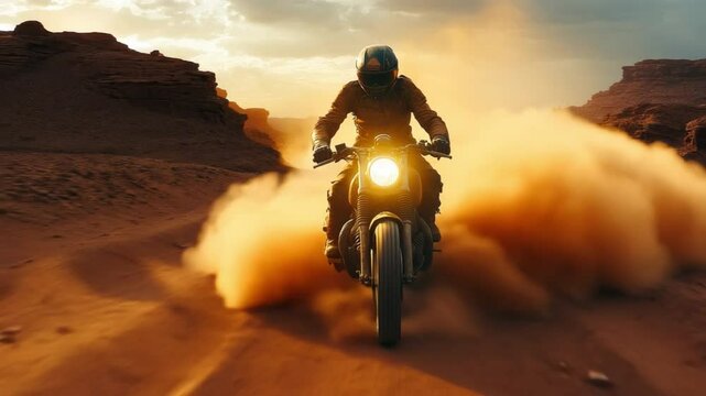 Rider Conquering the Desert: A solitary figure fearlessly navigates a rugged desert landscape on a powerful motorcycle, leaving a trail of dust and determination in his wake.