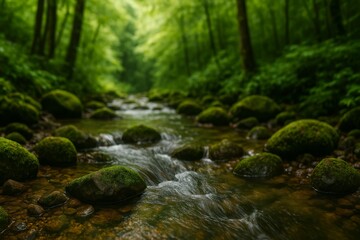 Fototapeta premium Serene Stream Flows Through Lush Green Forest During a Calm Afternoon in a Natural Setting