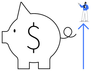 Large piggy bank with dollar sign, rising blue arrow symbolizing financial growth, man in blue. Ideal for savings, investments, profit, economy, finance goal setting success. Flat simple metaphor