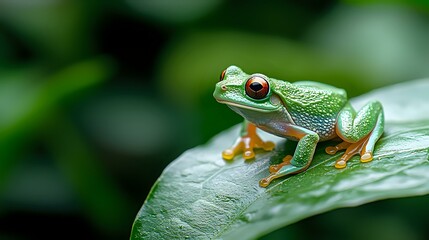 Obraz premium Red-eyed tree frog perched on wet green leaf in tropical rainforest setting, macro photography shows detailed texture of amphibian skin and vibrant colors.
