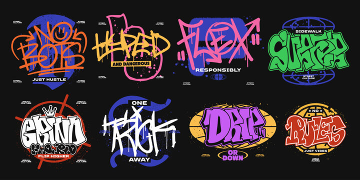 Urban graffiti vector set. Graffiti t-shirt designs bundle for print. Streetwear graphic tee shirt design,