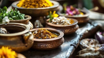 Assortment of natural ingredients, spices and herbs, arranged in earthen bowls