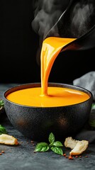 Dynamic 3D splash of soup pouring into a bowl, steam rising artistically, gourmet effect