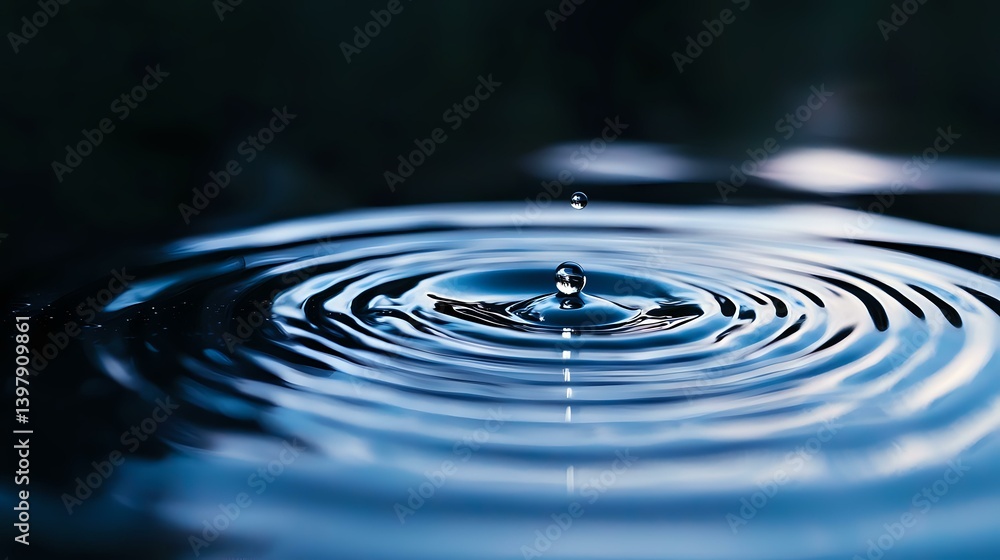 Poster single water drop creating concentric ripples on dark blue surface, captured in macro photography wi