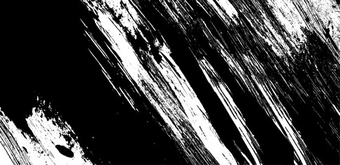 Distressed black ink brush strokes and grunge texture background, black and white vector illustration.