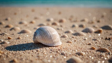Shell resting on sunlit beach, evoking serene coastal beauty and tranquility