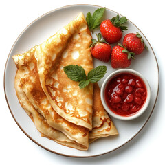 Delicious golden pancakes with fresh strawberries and raspberry jam, garnished with mint leaves on a white plate.